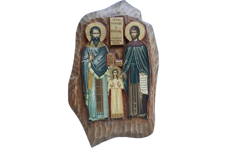 Εικόνα "Αγίου Ραφαήλ" σε ακανόνιστα πελεκητό ξύλο (Οξιά, 38x23x3)